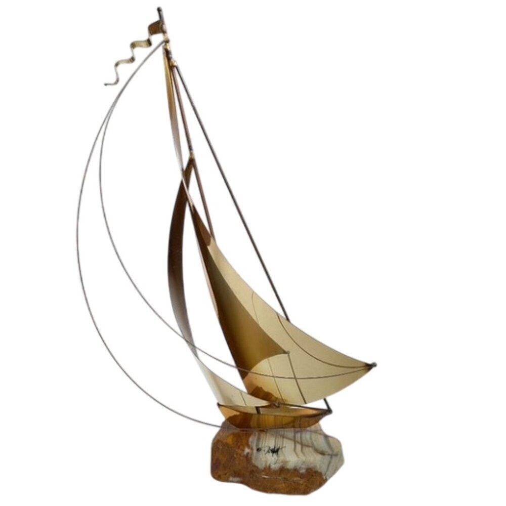 Vintage‎ MCM Signed DeMott Brass Sail Boat Sculpture On Onyx